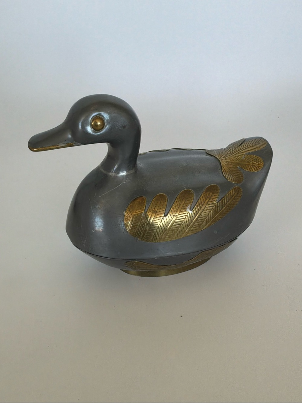 Vintage Pewter Duck Trinket Box Brass Leaf Accents Lidded Keepsake Decorative